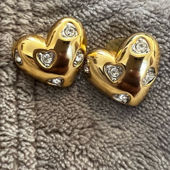 Nolan Miller Jewelry - Vintage NOLAN MILLER signed
heart gold rhinestone earrings Heart shaped